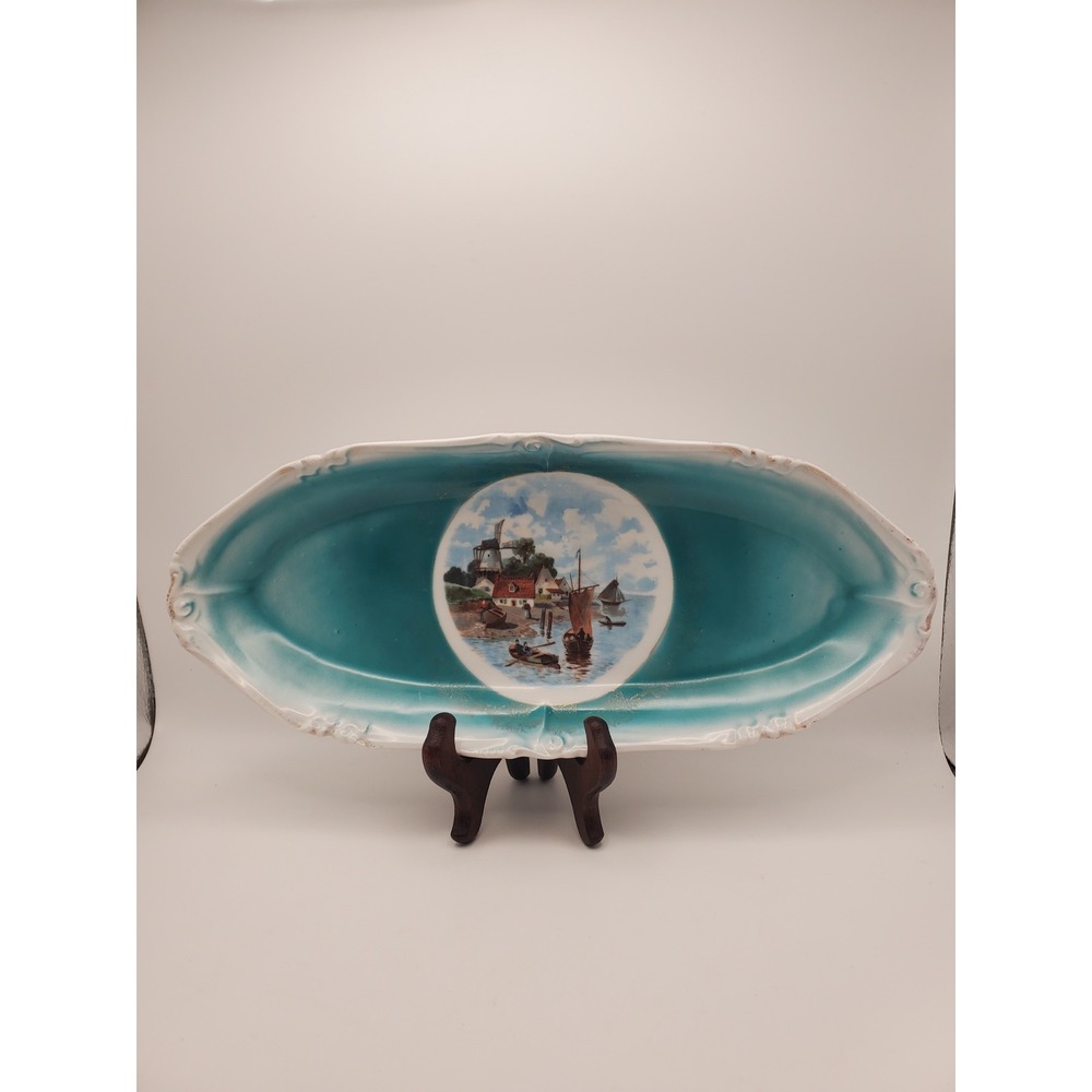 Antique Dutch Windmill Scene Celery Serving Dish - Teal & Gold